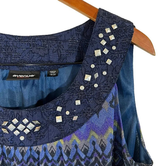 Avenue Tank Top Blouse 18/20 Metallic Geometric Studded Embroidered Neckline - Picture 7 of 8